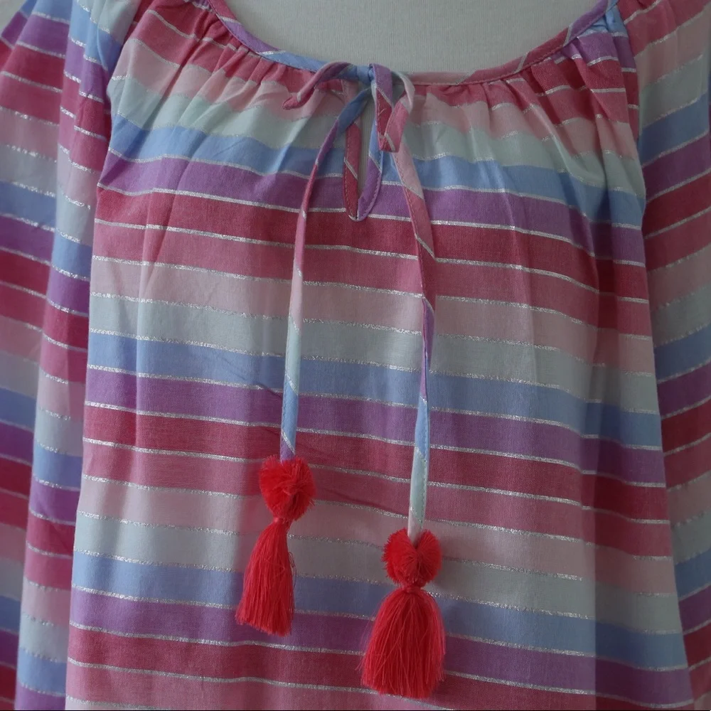 NWT J. Crew Metallic Pastel Pink Purple Striped Peasant Top Size Small